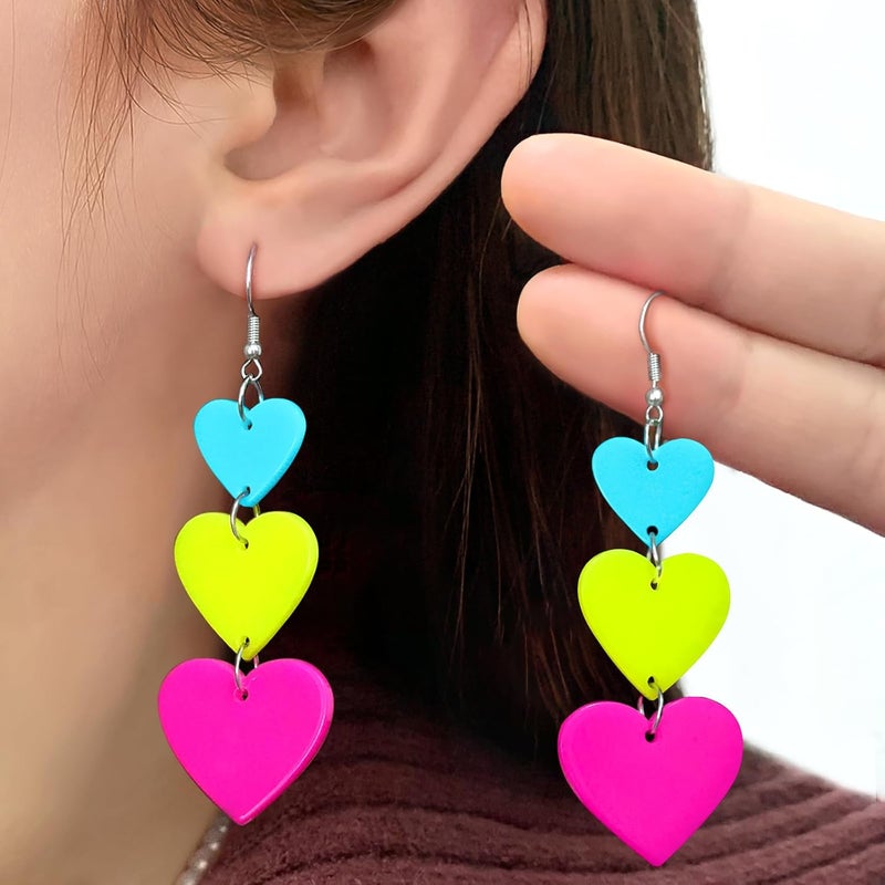 HOLYRY Neon Heart Earrings for Women Acrylic Neon Earrings 80s 90s Outfit for Women Glow Party Accessories Gifts Hot Pink Orange Green Yellow - Image 2